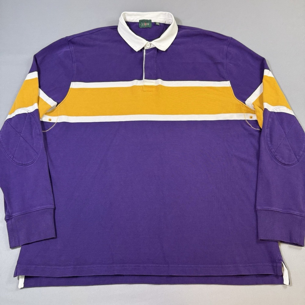 J Crew Oarsman Rugby Polo Shirt Men 2XL Purple Striped Elbow Patches Long Sleeve